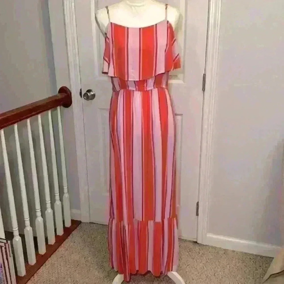 Old Navy Maxi Dress Pink Orange. Adjustable Spaghetti Strap. Layered. Sz Medium - Picture 2 of 10